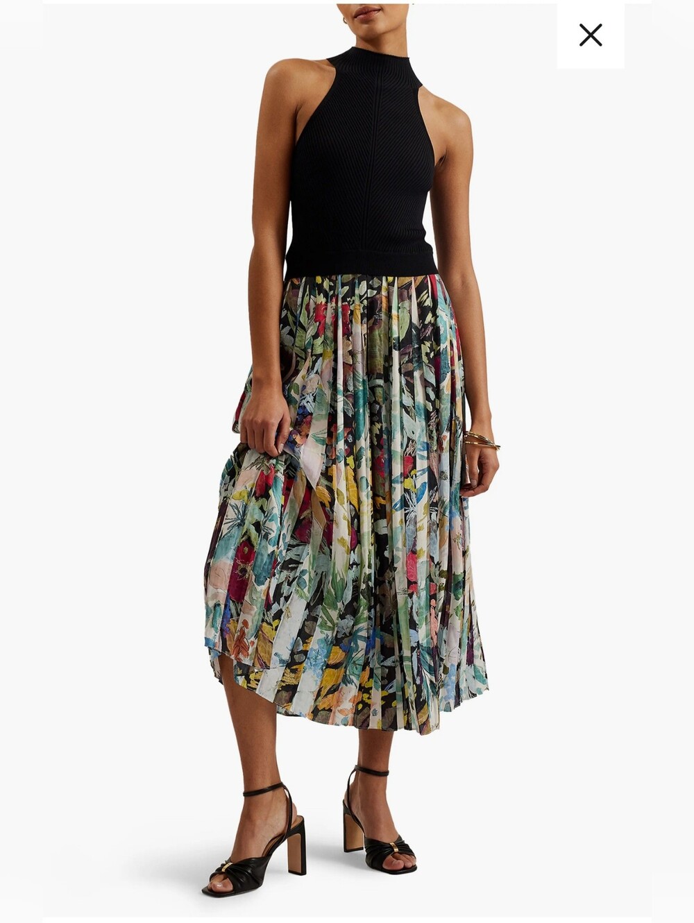 Ted Baker Corino Sleeveless Mixed Media Pleated Midi Dress Floral Size 6 XL